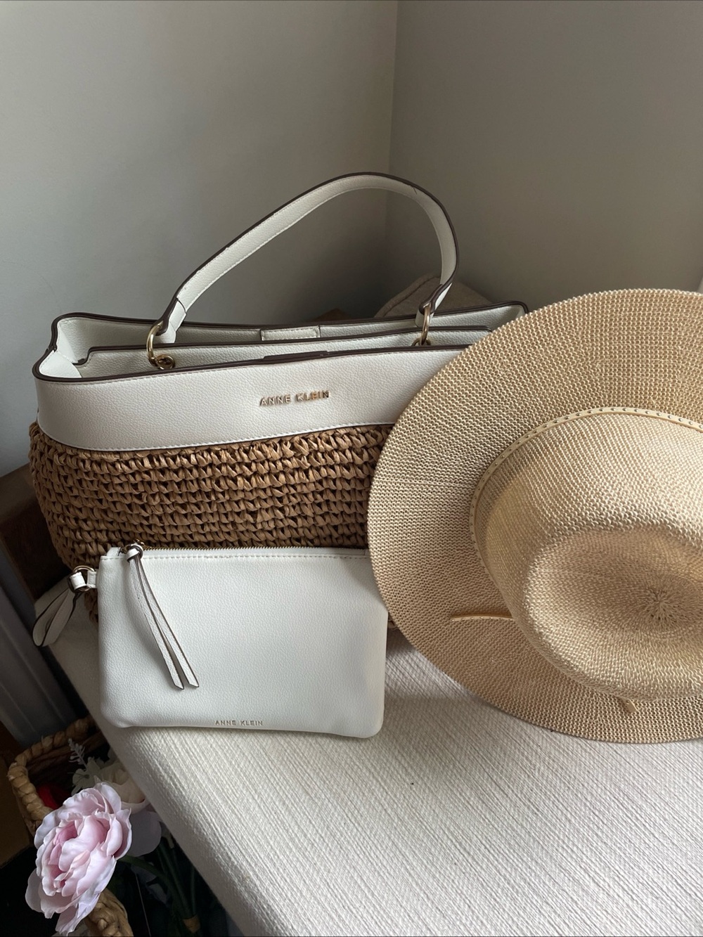 Anne Klein Cream & Natural Woven Shoulder Tote with Matching Cream Wristlet, hat
